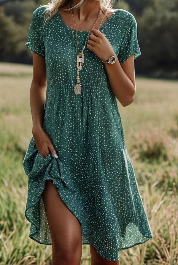 Dress | Green Mini Dress with Polka Dot Print