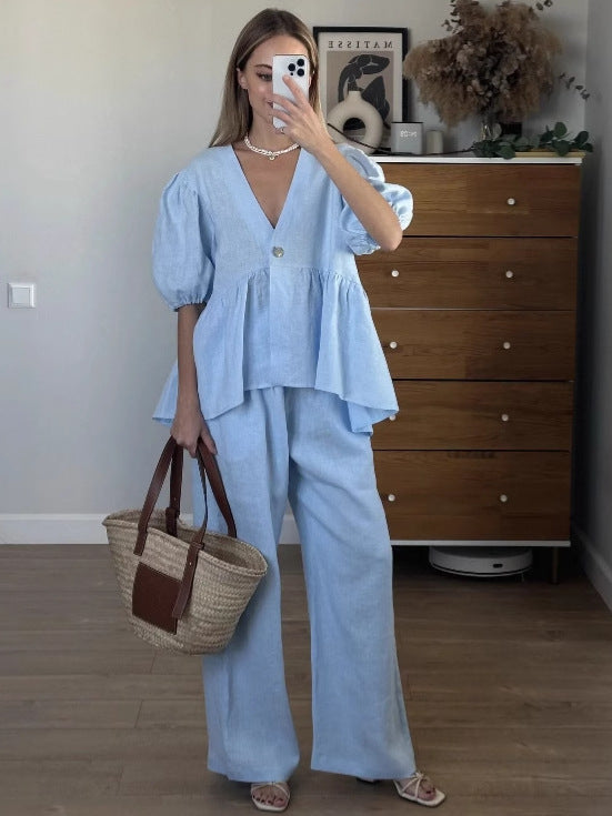 Sets | Women’s Casual Linen Button-Top and Wide-Leg Pants Two-Piece Set