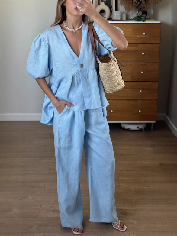 Sets | Women’s Casual Linen Button-Top and Wide-Leg Pants Two-Piece Set