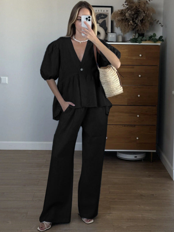 Sets | Women’s Casual Linen Button-Top and Wide-Leg Pants Two-Piece Set