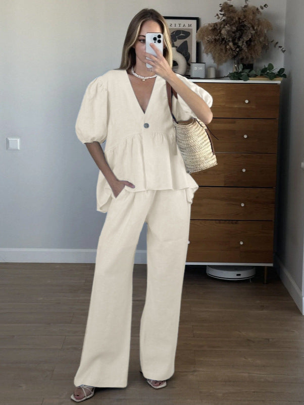 Sets | Women’s Casual Linen Button-Top and Wide-Leg Pants Two-Piece Set