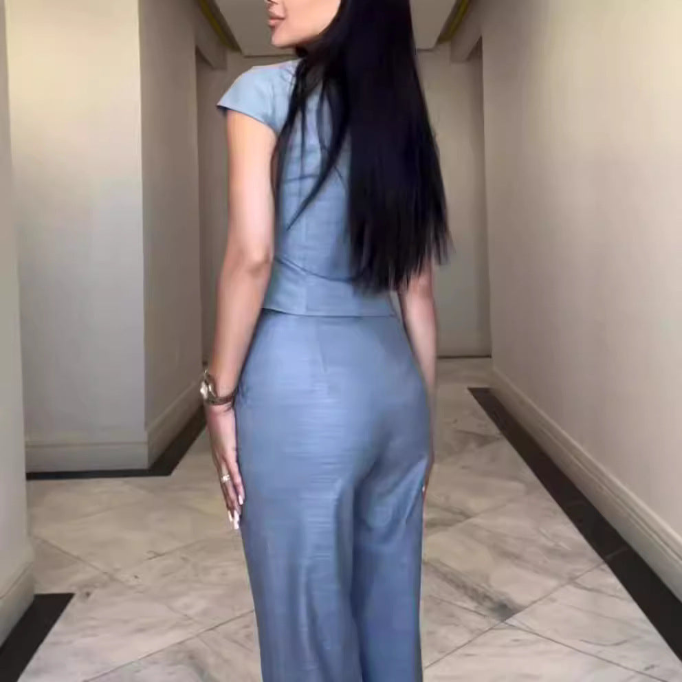 Jumpsuits | Women’s Button-Front Short Sleeve Wide-Leg Jumpsuit