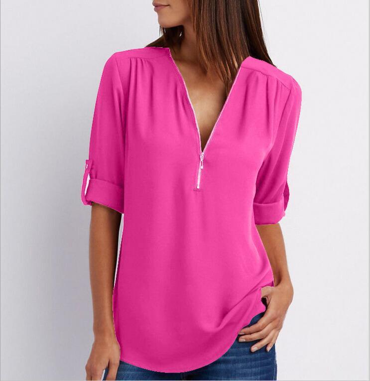Tops | Women’s Zip Front V-Neck Blouse with Roll-Up Sleeves