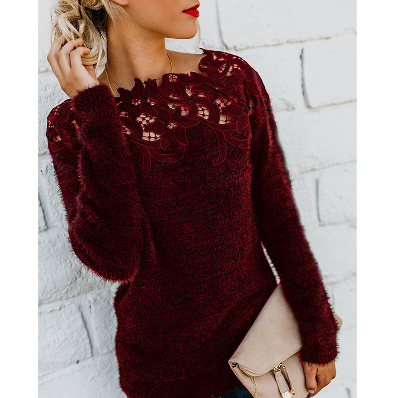 Sweater | Fuzzy Knit Pullover with Lace Detail