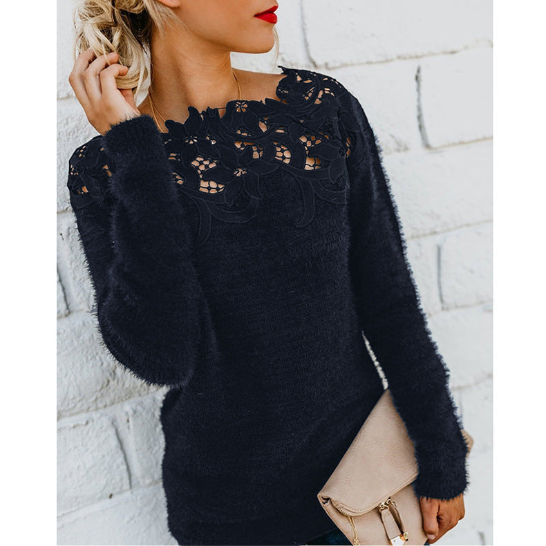 Sweater | Fuzzy Knit Pullover with Lace Detail