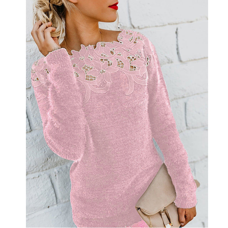 Sweater | Fuzzy Knit Pullover with Lace Detail