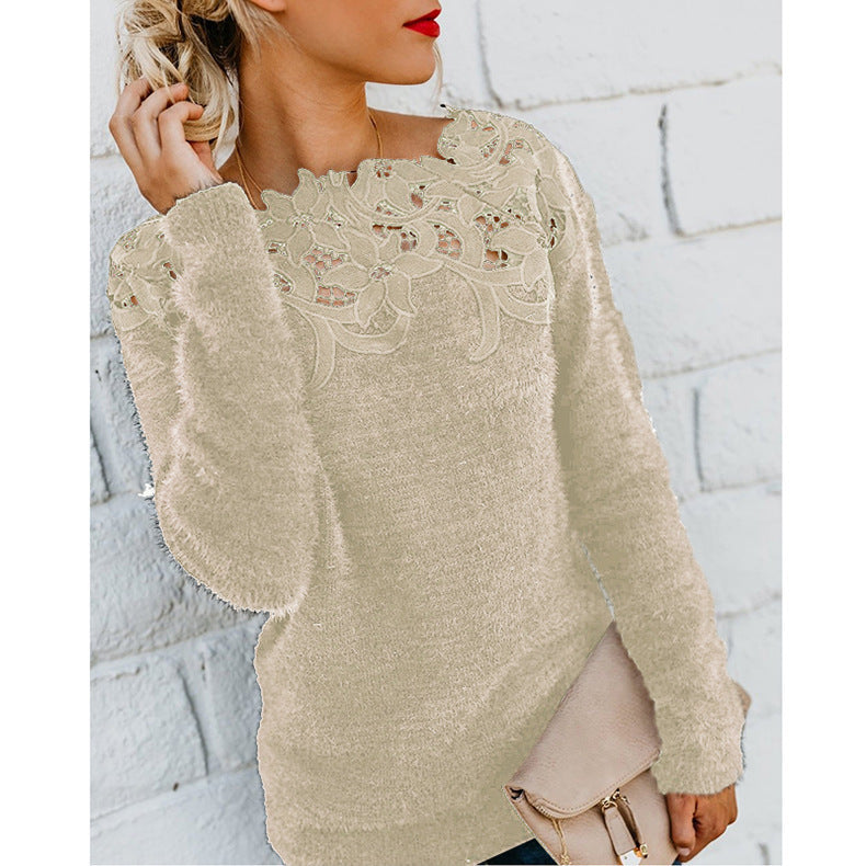 Sweater | Fuzzy Knit Pullover with Lace Detail