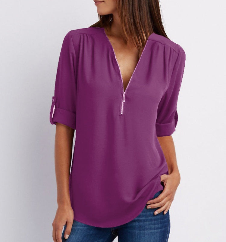 Tops | Women’s Zip Front V-Neck Blouse with Roll-Up Sleeves