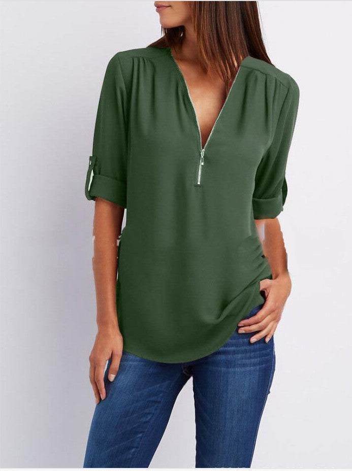Tops | Women’s Zip Front V-Neck Blouse with Roll-Up Sleeves