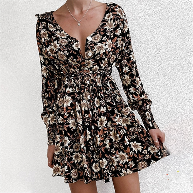 Dresses | Women’s Deep V-Neck Floral Print Mini Dress with Long Sleeves