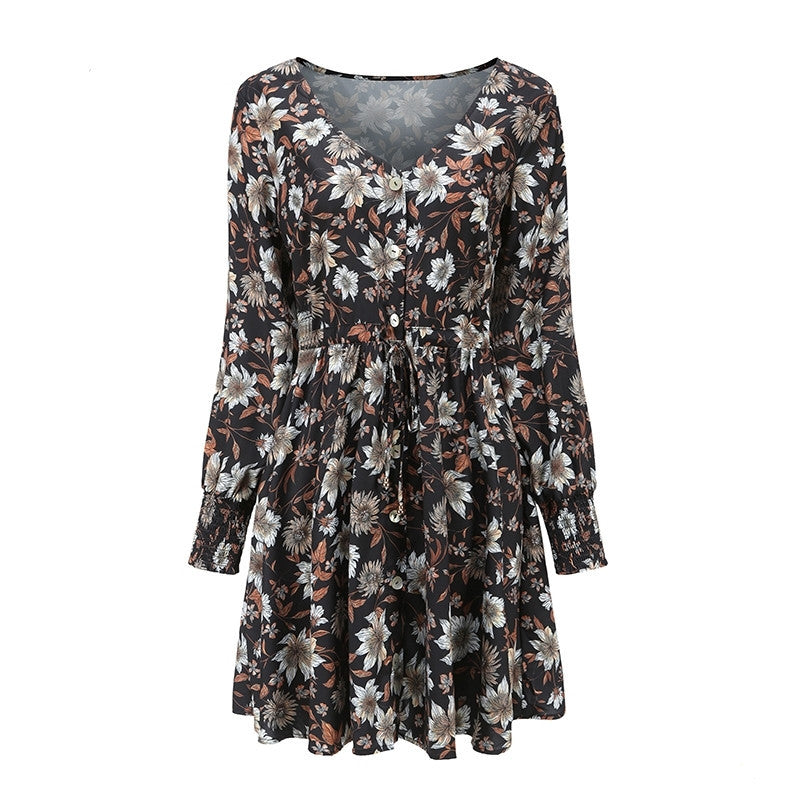 Dresses | Women’s Deep V-Neck Floral Print Mini Dress with Long Sleeves