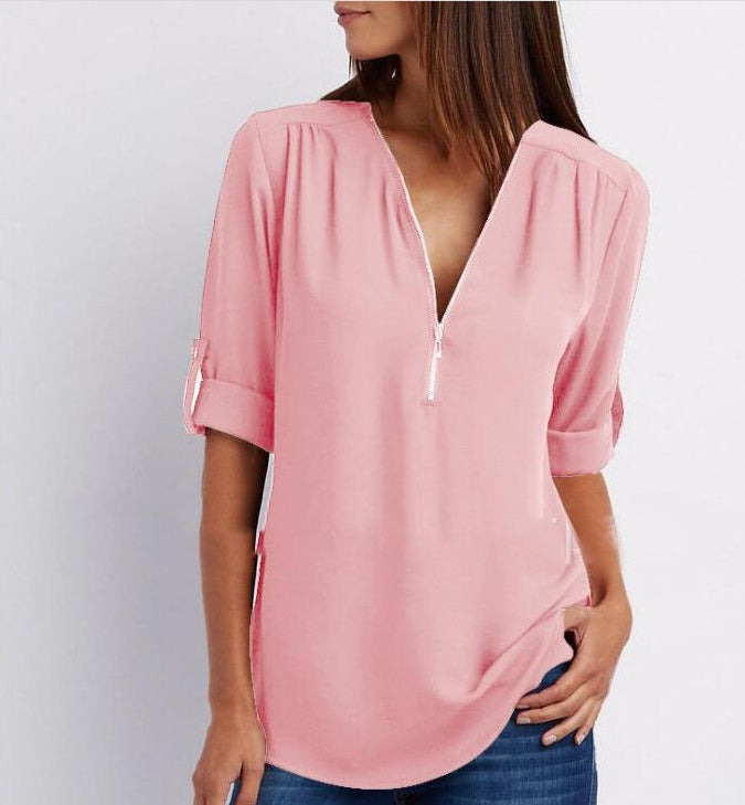 Tops | Women’s Zip Front V-Neck Blouse with Roll-Up Sleeves