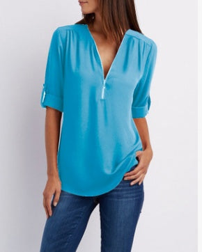 Tops | Women’s Zip Front V-Neck Blouse with Roll-Up Sleeves