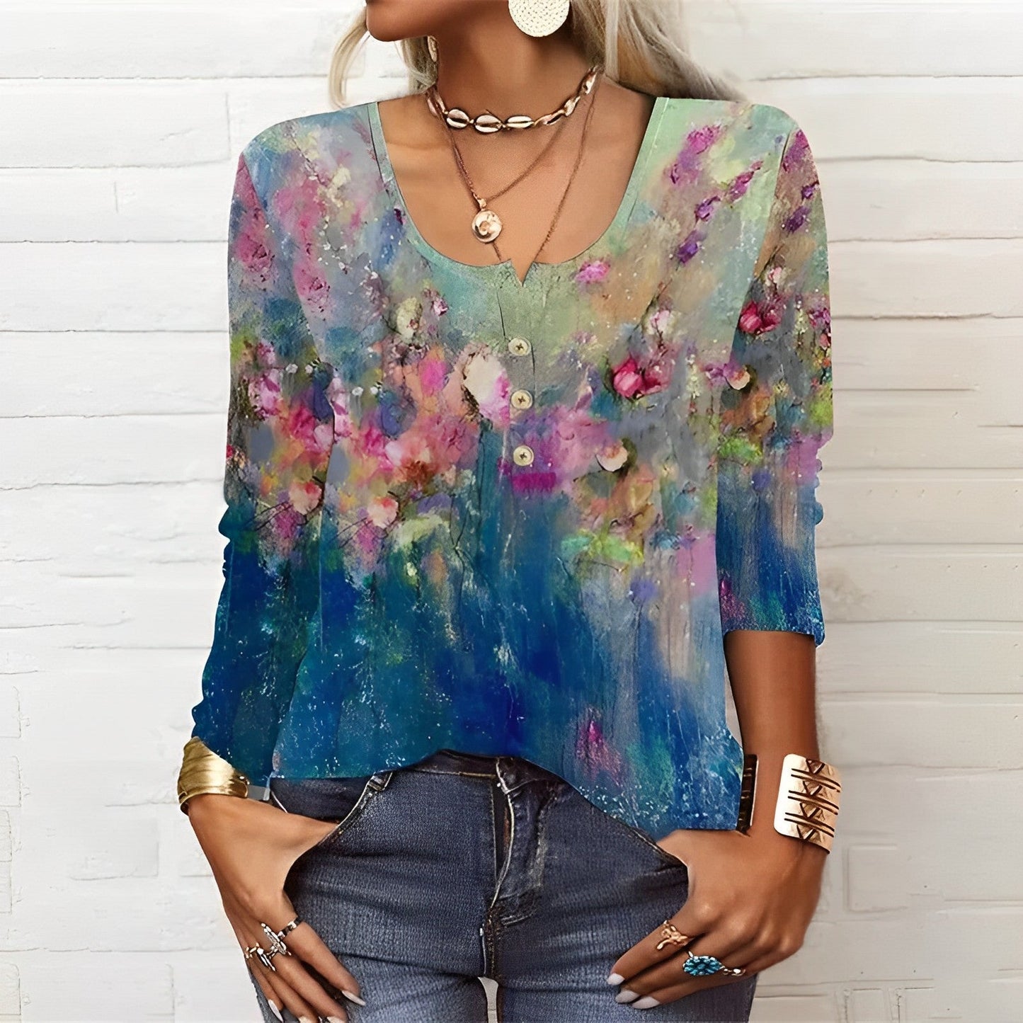 Tops | Women’s Watercolor Floral Print V-Neck Casual Blouse