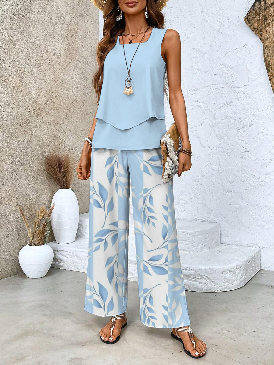Sets | Women’s Sleeveless Top and Wide-Leg Printed Pants Set – Relaxed Fit
