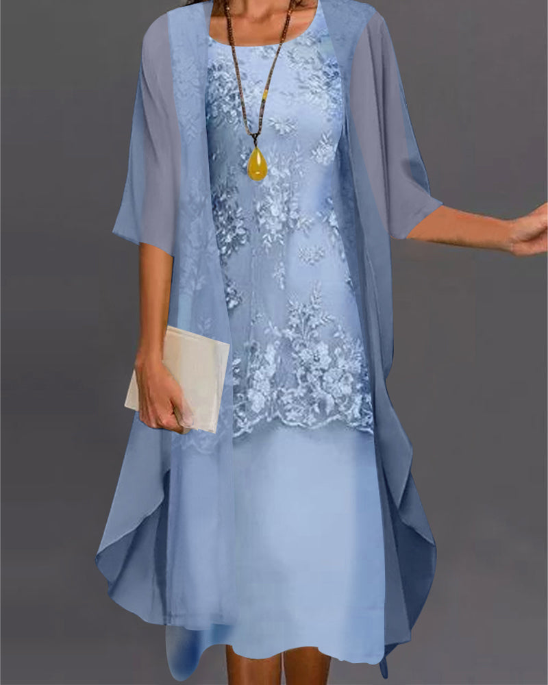 Dresses | Women’s Elegant Lace Midi Dress with Chiffon Cape Overlay