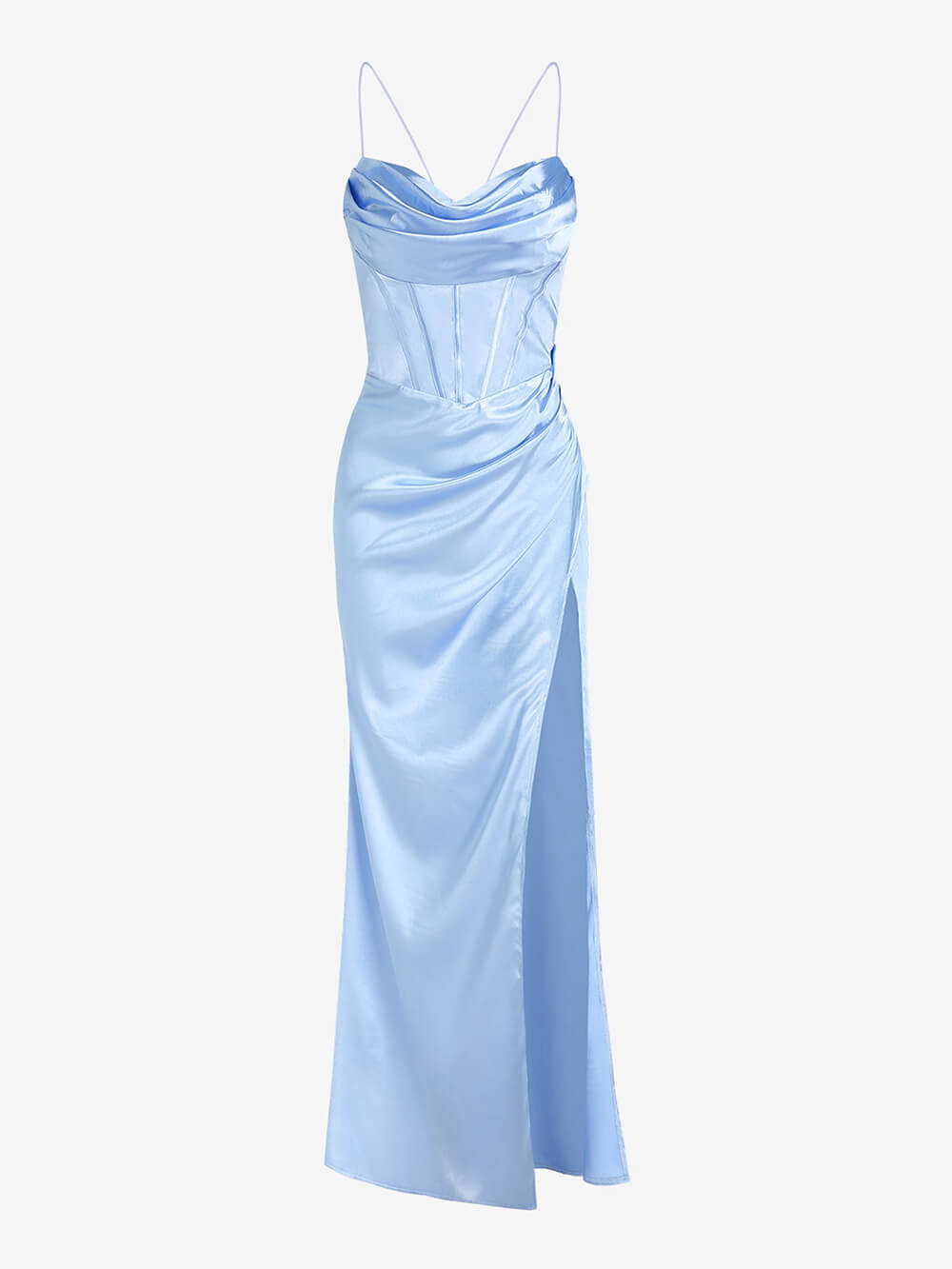Dresses | Women’s Satin Spaghetti Strap Draped Gown with High Slit