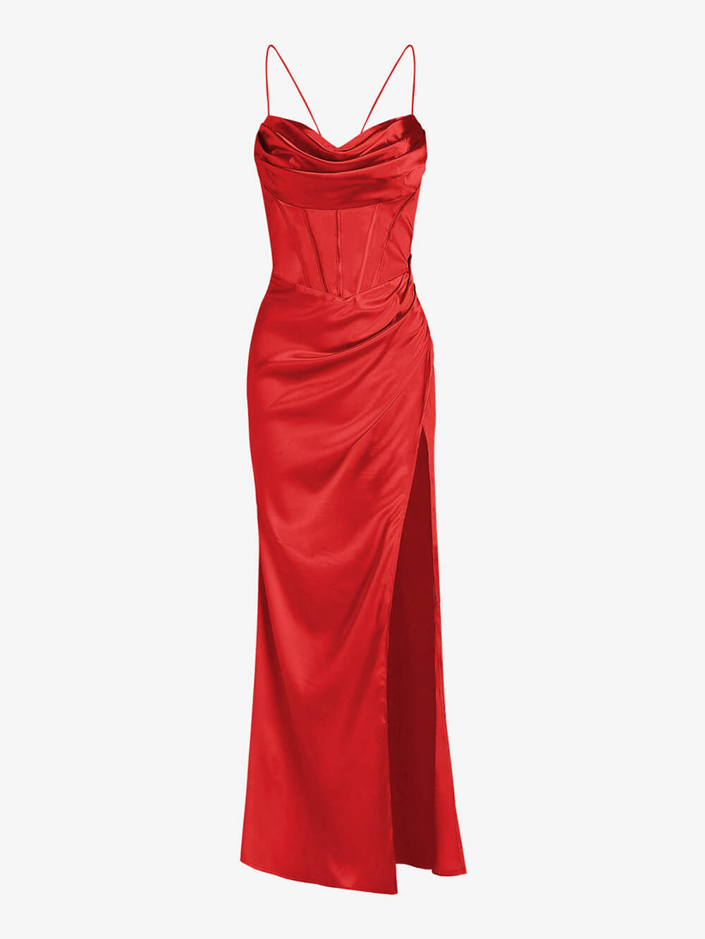Dresses | Women’s Satin Spaghetti Strap Draped Gown with High Slit