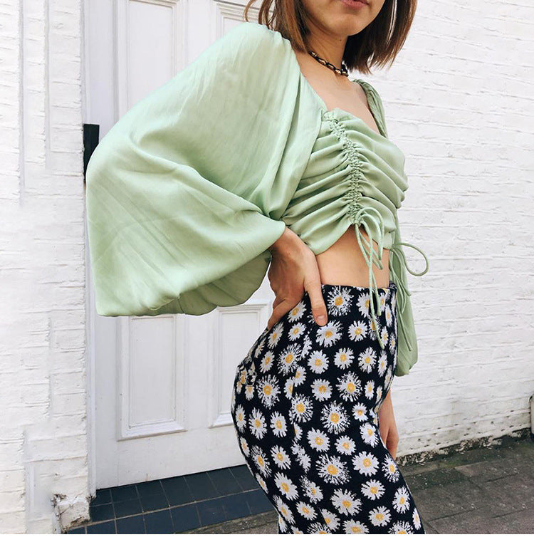 Tops | Women’s Ruched Puff Sleeve Crop Top with Tie Detail