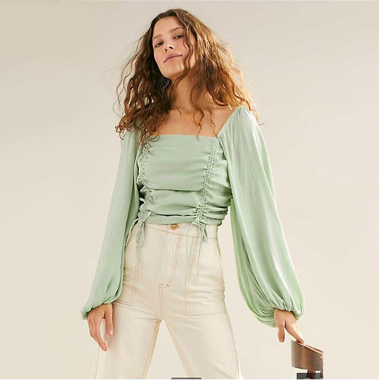 Tops | Women’s Ruched Puff Sleeve Crop Top with Tie Detail