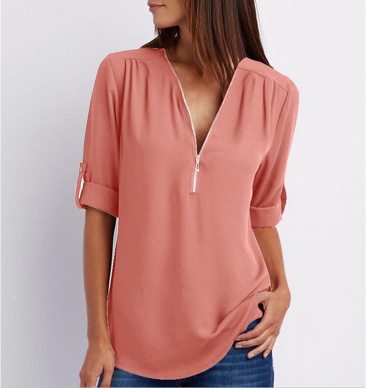 Tops | Women’s Zip Front V-Neck Blouse with Roll-Up Sleeves