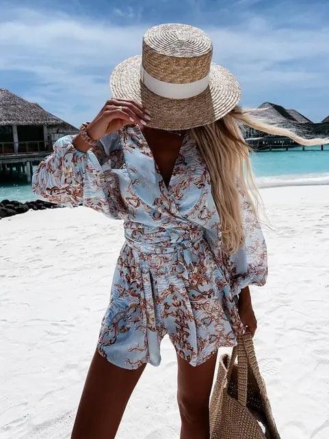 Rompers | Women’s Boho Floral Long Sleeve Ruffle Hem Romper