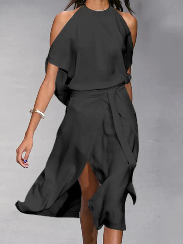 Dresses | Women’s Cold Shoulder Layered Midi Dress with Slit