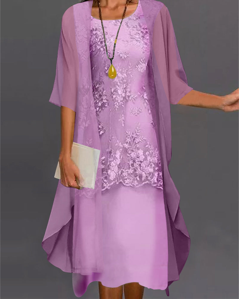 Dresses | Women’s Elegant Lace Midi Dress with Chiffon Cape Overlay