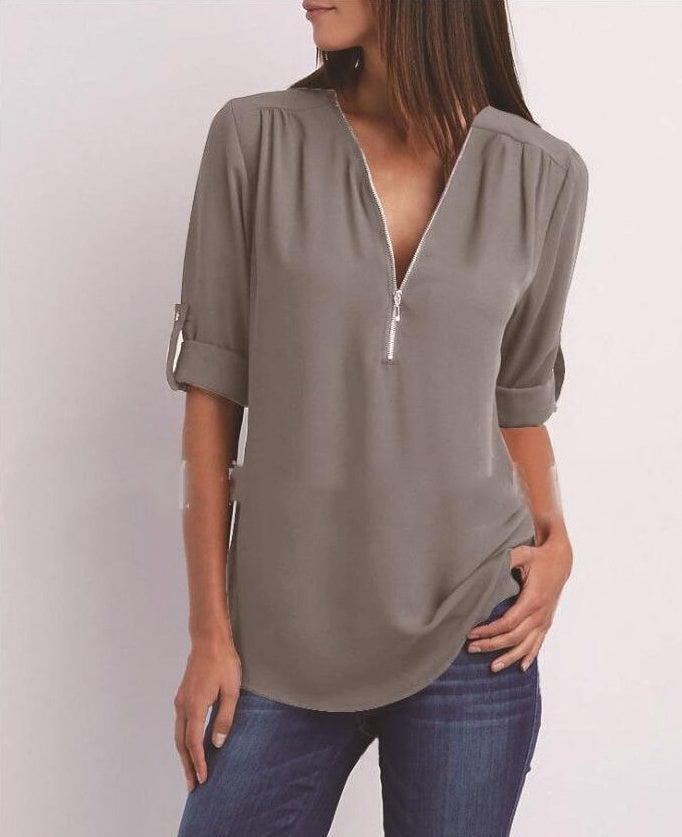 Tops | Women’s Zip Front V-Neck Blouse with Roll-Up Sleeves