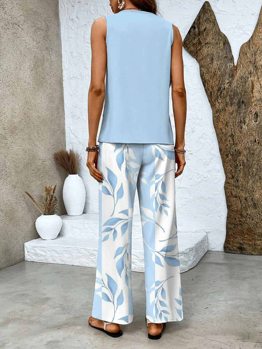 Sets | Women’s Sleeveless Top and Wide-Leg Printed Pants Set – Relaxed Fit