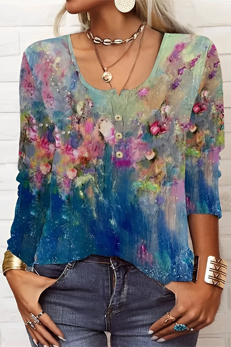 Tops | Women’s Watercolor Floral Print V-Neck Casual Blouse