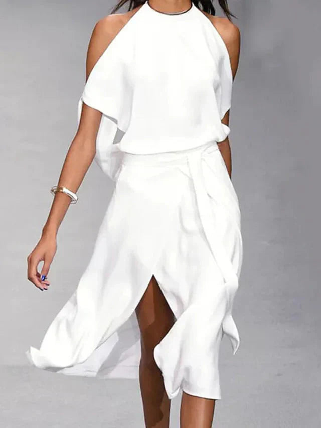 Dresses | Women’s Cold Shoulder Layered Midi Dress with Slit