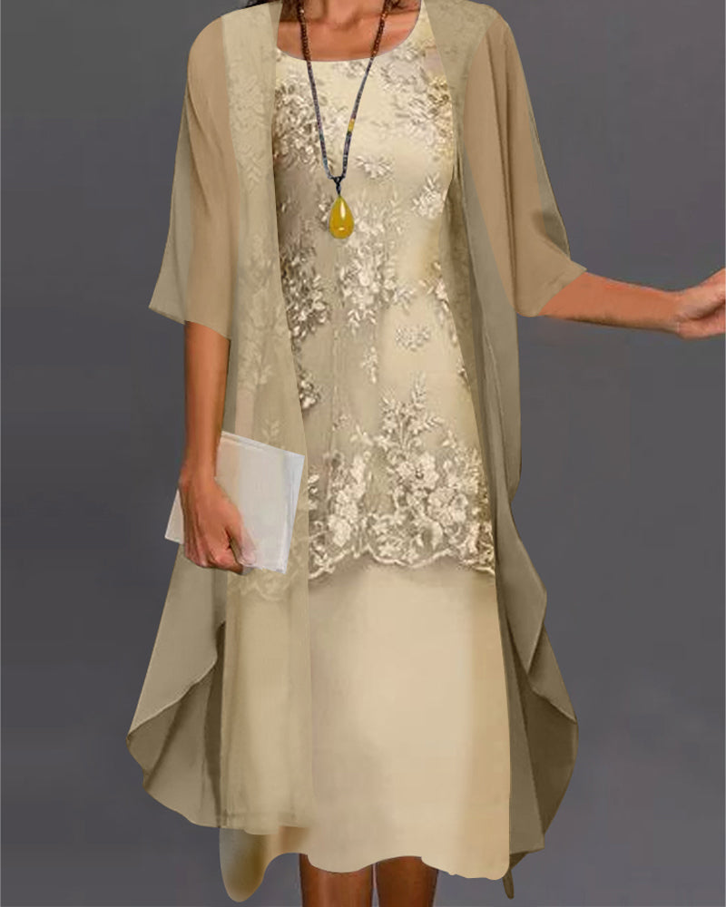 Dresses | Women’s Elegant Lace Midi Dress with Chiffon Cape Overlay