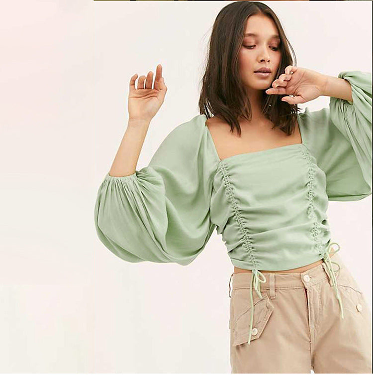 Tops | Women’s Ruched Puff Sleeve Crop Top with Tie Detail