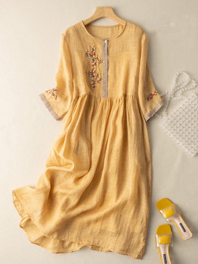 Dresses | Women’s Embroidered Linen-Blend Casual Midi Dress