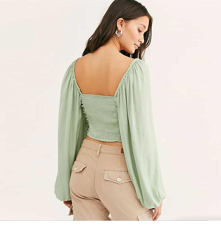 Tops | Women’s Ruched Puff Sleeve Crop Top with Tie Detail