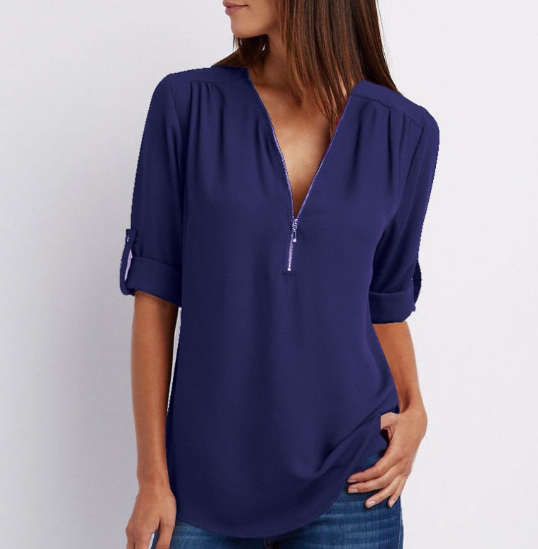 Tops | Women’s Zip Front V-Neck Blouse with Roll-Up Sleeves