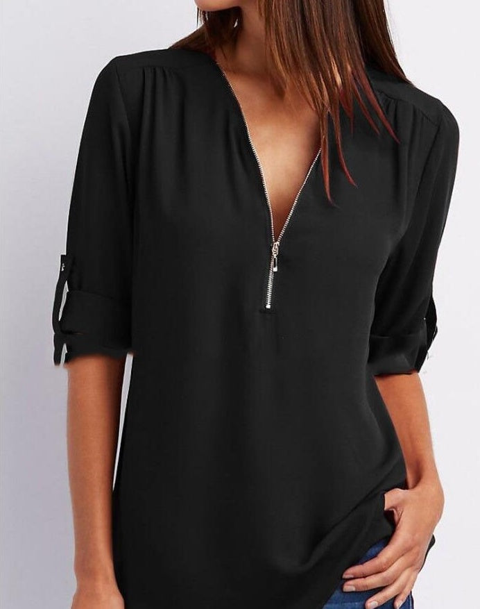 Tops | Women’s Zip Front V-Neck Blouse with Roll-Up Sleeves