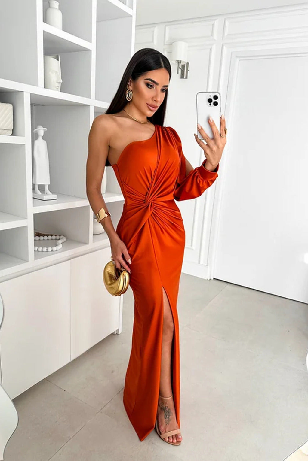 Dresses | Women’s One-Shoulder Draped Sleeve Evening Gown with High Slit