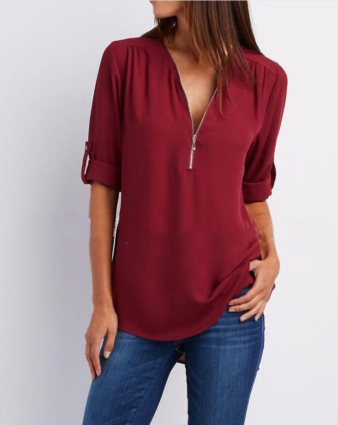 Tops | Women’s Zip Front V-Neck Blouse with Roll-Up Sleeves