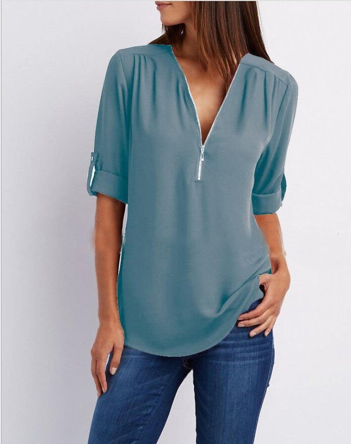 Tops | Women’s Zip Front V-Neck Blouse with Roll-Up Sleeves