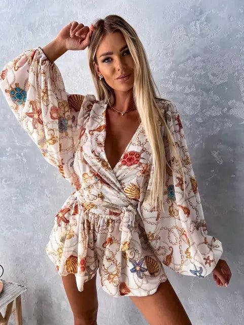 Rompers | Women’s Boho Floral Long Sleeve Ruffle Hem Romper