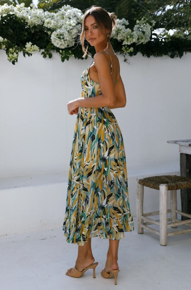 Dresses | Women’s Strapless Tropical Print Midi Dress with Ruffled Hem