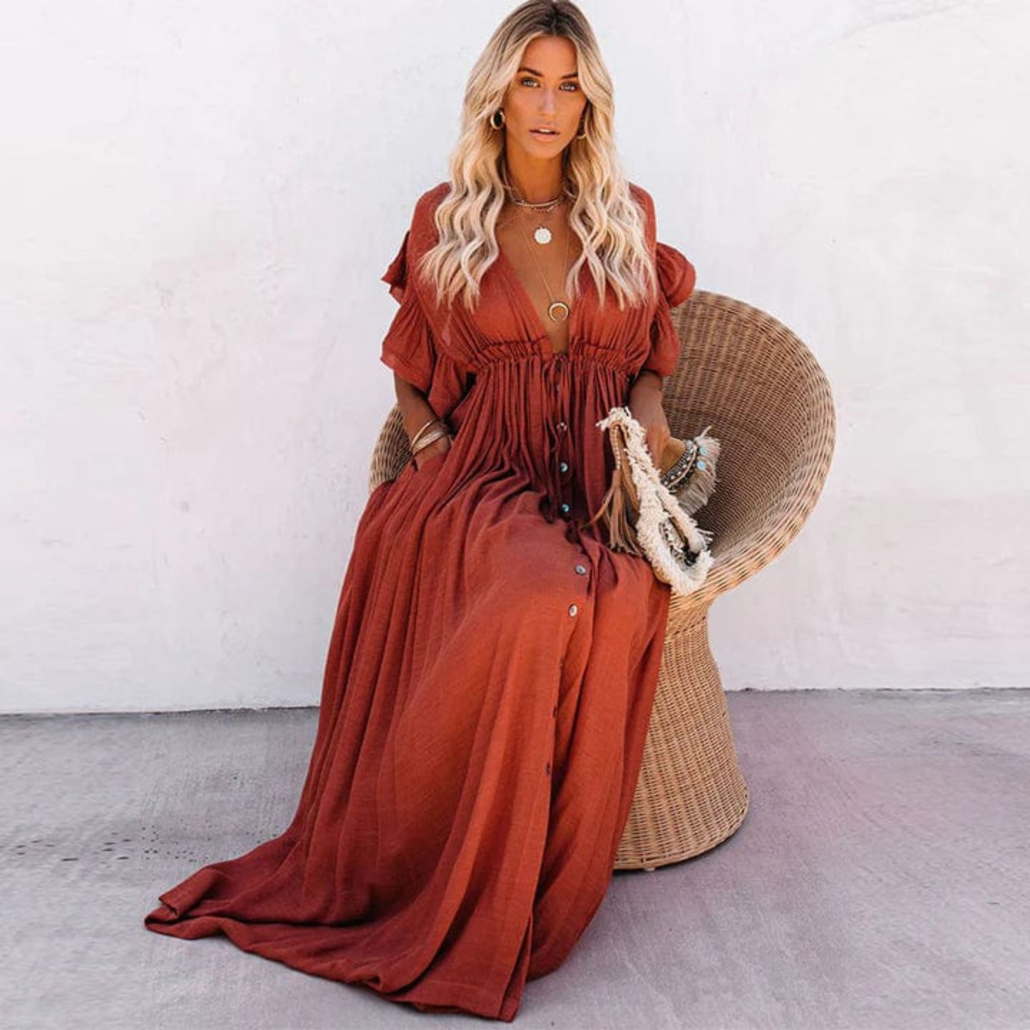 Dresses | Women’s Boho Button-Front Flowy Maxi Dress
