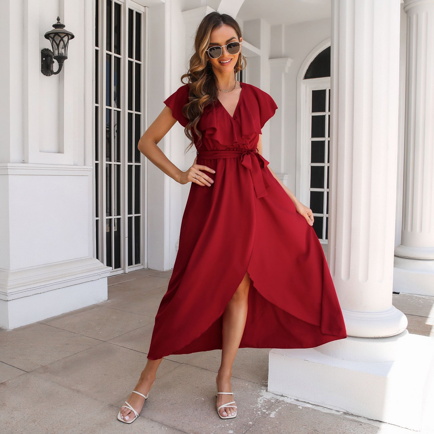 Dresses | Women’s Belted Short Sleeve Slit Midi Dress