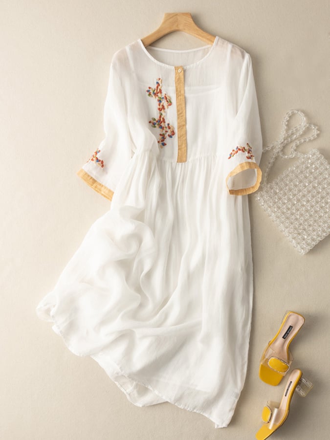 Dresses | Women’s Embroidered Linen-Blend Casual Midi Dress