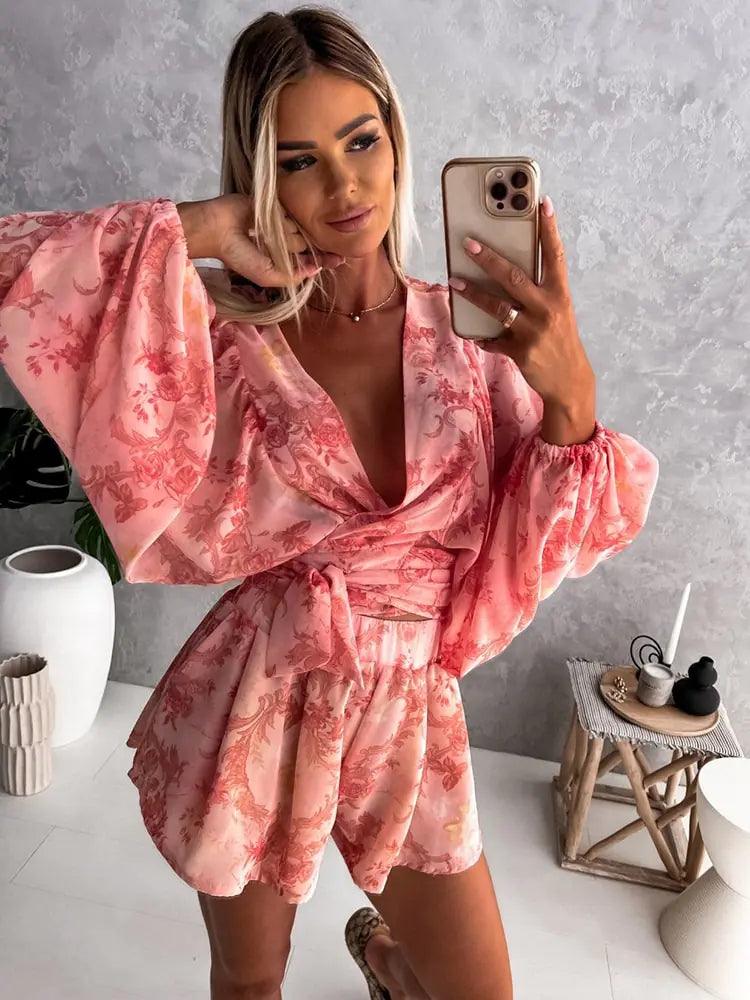 Rompers | Women’s Boho Floral Long Sleeve Ruffle Hem Romper