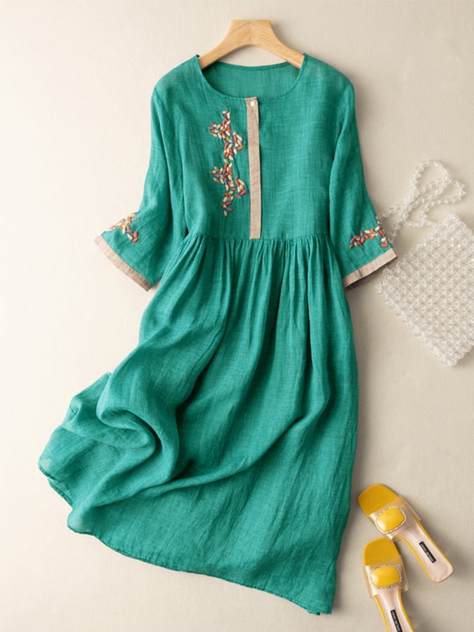 Dresses | Women’s Embroidered Linen-Blend Casual Midi Dress