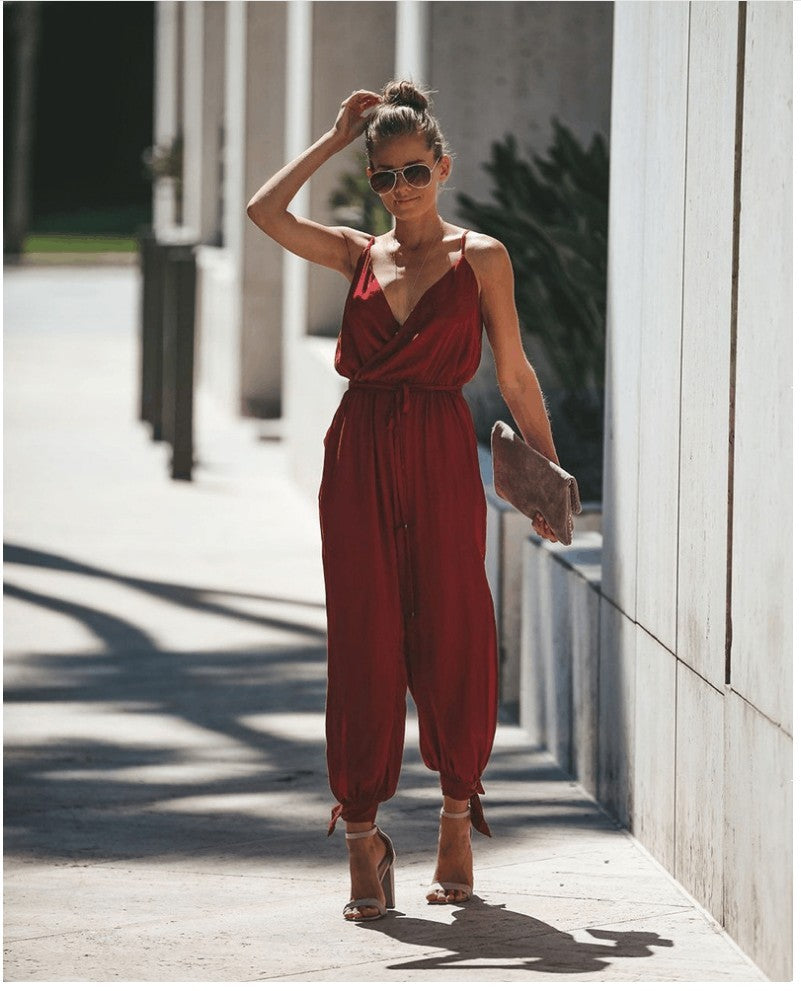 Jumpsuits | Women’s Sleeveless Belted Wrap Jumpsuit with Cuffed Ankles