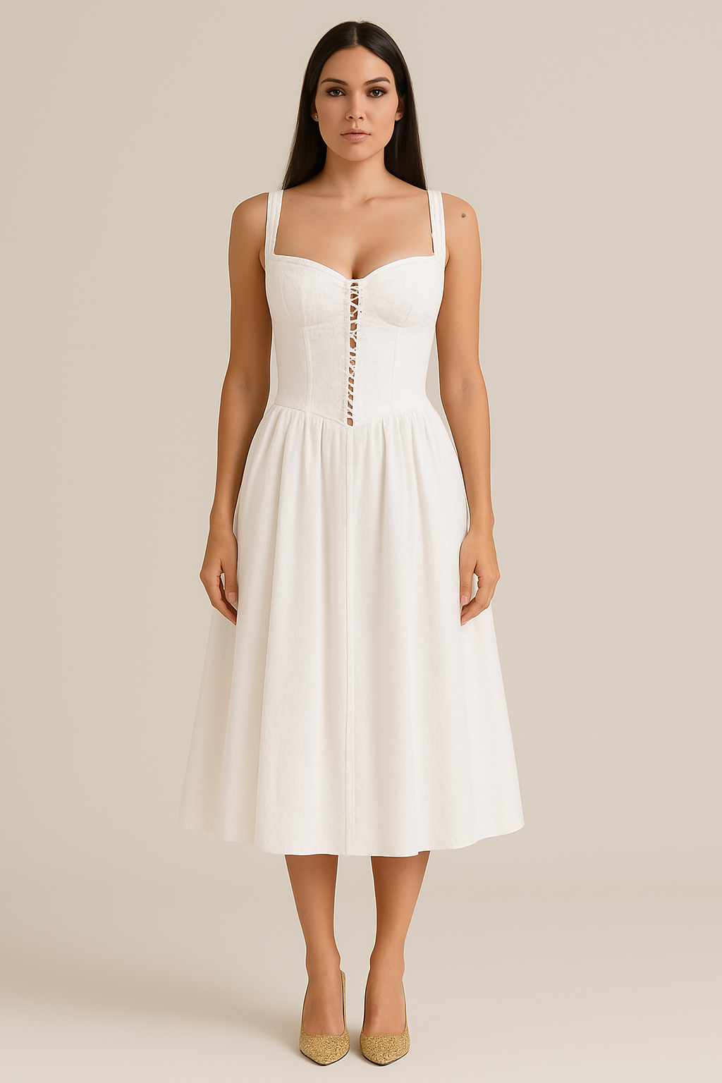 Dresses | Women’s White Midi Dress with Fitted Bodice and Flared Skirt